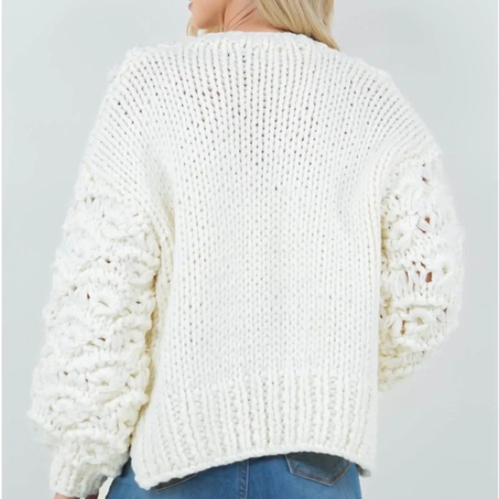 309. LAST 1! CHUNKY POMPOM Cream Open Cardigan Bubble Thick heavyweight sweater - Picture 3 of 8